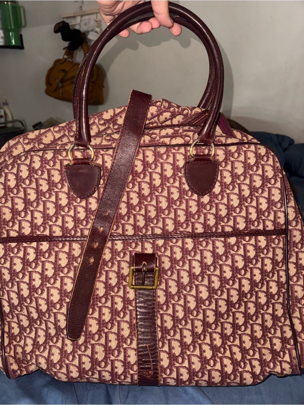 Dior Burgundy Monogram Canvas Tote with Leather Trim